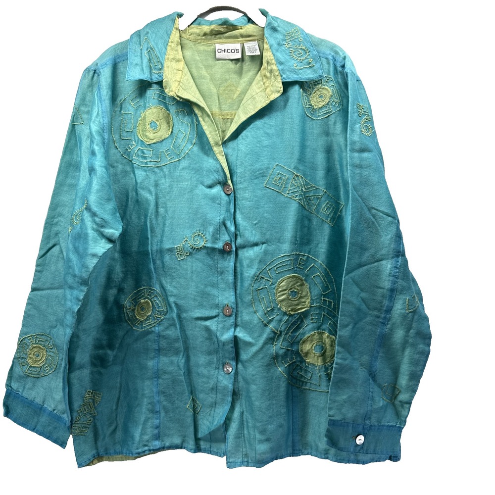 Chicos Women's Silk Blend Top Size Large Blue Green Embroidered Asian Inspired